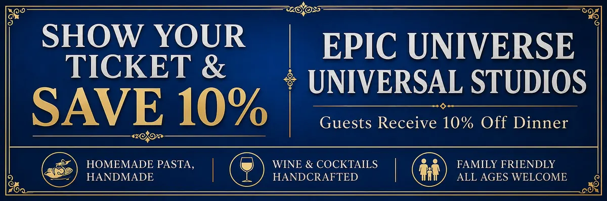 Show Your Epic Universe or Universal Studios Ticket and Save 10% Off Dinner at Vincenzo on International Drive